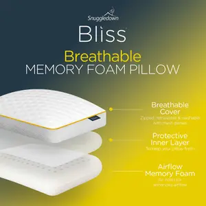 Snuggledown Breathable Memory Foam Pillow 1 Pack Firm Support Side Sleeper Orthopaedic Zipped Cover 64x38cm