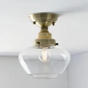 Antique Brass Semi Flush Ceiling Light Fitting & Clear Glass Shade Low Profile