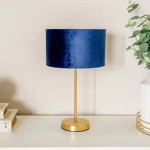 ValueLights Charles Gold Stem Table Lamp with Navy Blue Velvet with Gold Inner Lamp Shade and LED Bulb