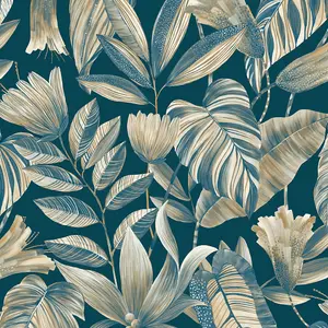 Grandeco Boutique Merida Botanical Leaves Texture Embossed Wallpaper, Blue