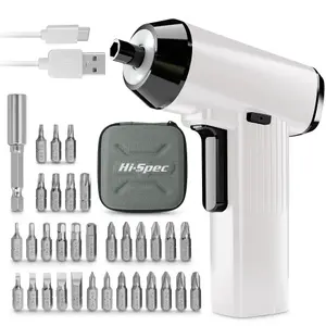 Hi-Spec 34pc 3.6V White Compact Electric Power Screwdriver & Bit Set. USB Rechargeable Battery for Cordless Screwdriving