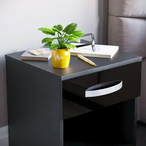 Arkadij High Gloss 1 Drawer Manufactured Wood Bedside Table, Modern Bedroom Cabinet Black