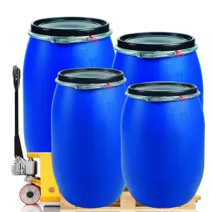 120 Litre Large Plastic Blue Open Top Storage Shipping Barrel Drum Keg with Lid & Latch Ring