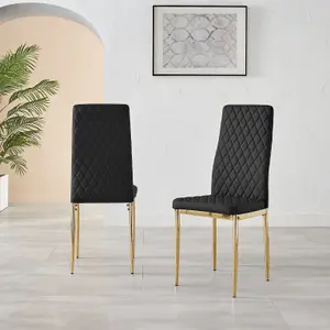 Set of 6 Milan Black High Back Soft Touch Diamond Pattern Faux Leather Golden Chrome Metal Leg Dining Chairs