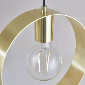 Hanging Ceiling Pendant Light Brushed Brass Hoop Shade Industrial Chic Lamp