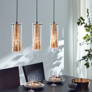 Pendant Ceiling Light Black Shade Inner Gold Outer Clear Glass Bulb E27 3x60W