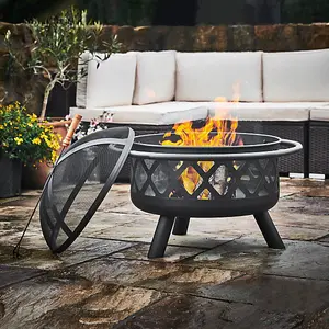 Teamson Home Outdoor Wood Burning Fire Pit, Large Round Metal Garden Heater, Log Burner, Includes Lid & Poker - 75 x 75 x 62 (cm)