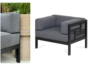 Garden Armchair Lounge Chair Outdoor Black Wooden Frame & Comfy Grey Cushions - Cori