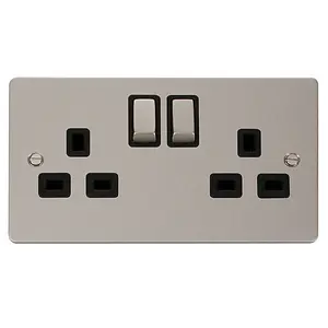 Flat Plate Pearl Nickel 2 Gang 13A DP Ingot Twin Double Switched Plug Socket - Black Trim - SE Home