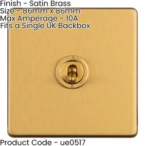 1 Gang Single Retro Toggle Light Switch SCREWLESS SATIN BRASS 10A 2 Way Lever