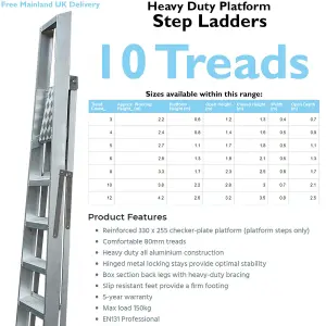 2.2m Aluminium Platform Step Ladders 10 Tread 3.8m Work Height HEAVY DUTY Steps