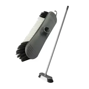 1x Metallic Grey 3pcs Sweeping Broom With Stiff Nylon Bristles With Metal Handle