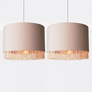 First Choice Lighting Set of 2 Blush Pink Velvet With Copper Inner Tassled Light Shades