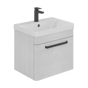 Emery Textured White Wall Hung Bathroom Vanity Unit & Basin Set with Black Handles (W)50cm (H)46cm