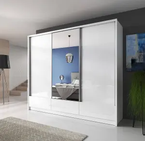 Aria I Mirrored Sliding Three Door Wardrobe 250cm in White Gloss