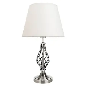 Traditional Satin Nickel Table Lamp with Barley Twist Base and Linen Shade