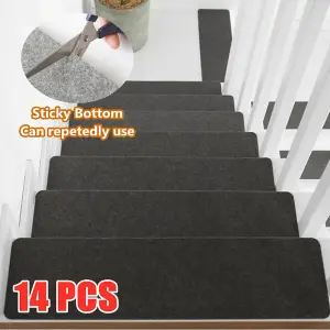 14 Pcs Anti Slippery Stair Tread Carpet for Wooden Steps, Self Adhesive Stair Treads Mat, Dark Grey, L55 x W20 cm