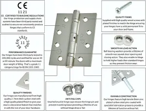 EAI - 4" Door Hinges & Screws G11 FD30/60  - 102x76x2.7mm Square - Satin Nickel Plated - Pack of 5 Pairs