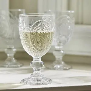 Set of 8 Vintage Luxury Clear Embossed Drinking Goblet Wine Glasses  310ml