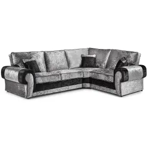 Chelsea Black and Silver Crushed Velvet Large 4 Seater Corner Sofa 2 Corner 1 Rolled Arms