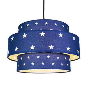 Triple Tier Midnight Blue Cotton Fabric Childrens Pendant Shade with Stars Decor