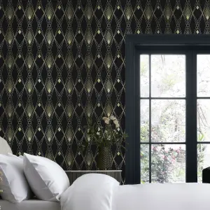 Next Deco geometric Black Metallic effect Smooth Wallpaper