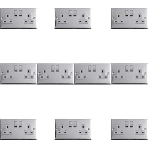 10 PACK 2 Gang Double UK Plug Socket POLISHED CHROME 13A Switched GREY Trim