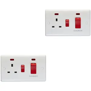 2 PACK 45A DP Oven Switch & Single 13A Switched Power Socket & Neon WHITE Cooker