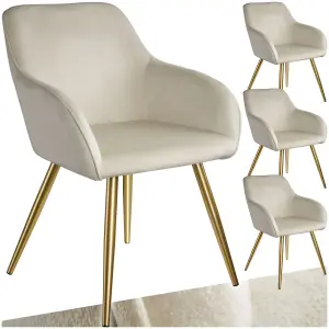 Chair Marilyn - with armrests, padded, velvet look, golden steel legs - cream/gold