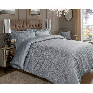 Statler Cotton Blend Damask Duvet Cover Set with Pillowcases Silver / Super King - 2 Standard Pillowcases