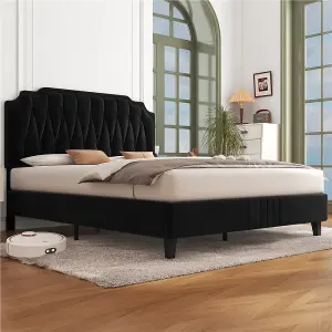 Yaheetech Black 5ft King Upholstered Bed Frame with Button-Tufted Adjustable Headboard and Wooden Slat Support