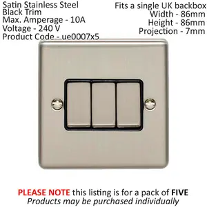 5 PACK 3 Gang Triple Metal Light Switch SATIN STEEL 2 Way 10A Black Trim