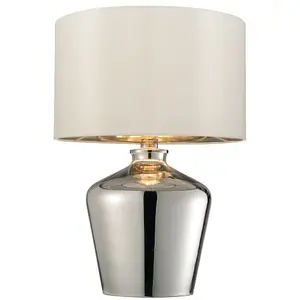 Modern Mirror Table Lamp Gloss Chrome Glass & Ivory Shade Feature Bedside Light