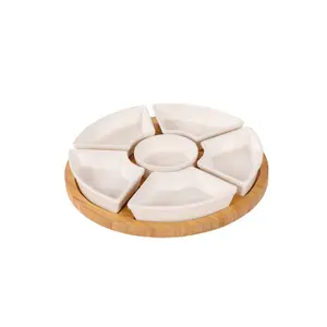 Oypla Rotating Bamboo Lazy Susan Snack Bowl Serving Platter with Ceramic Dishes