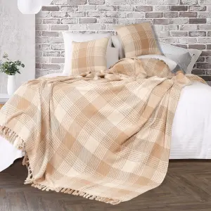 EHC Premium  Reversible 100% Cotton Large 225 x 250 cm Tartan Throws for Sofa, Bedspread, Beige