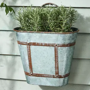 Vintage Style Grey Garden Planter with Handle Weathered Effect Galvanised Trough Planter Flower Pot Outdoor Garden Planter