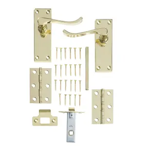 Toen Polished Brass effect Aluminium Scroll Latch Door handle with Hinges (L)99mm (D)58mm