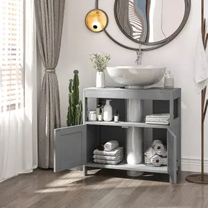 kleankin Bathroom Pedestal Under Sink Cabinet with Storage Shelves, Door, Grey