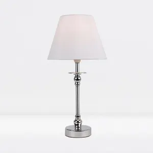 First Choice Lighting Chrome Plated Bedside Table Light with Ball Detail Column White Fabric Shade