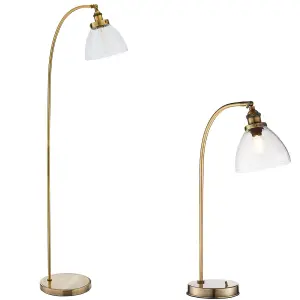 Standing Floor & Table Lamp Set Antique Brass Glass Shade Retro Industrial Light