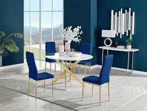 Furniturebox UK Novara White Gloss Gold Leg 120cm Round Dining Table & 4 Navy Velvet Milan Gold Leg Chairs