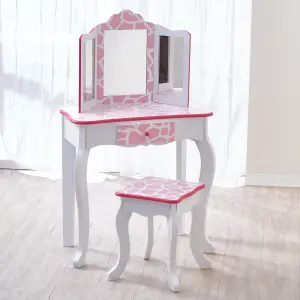 Teamson Kids Dressing Table, Play Vanity Set with Mirror & Stool - Pink/White/Giraffe Print