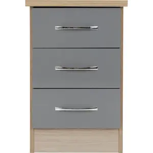 Cascio 3 Drawer Bedside Table Grey Gloss/Light Oak Effect Veneer