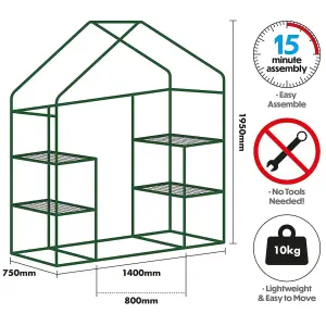 Walk-In Greenhouse with PE Cover, 4 Shelves & Zip Up Door - Green Foldaway Outdoor Garden Grow House - H195 x W143 x D75cm