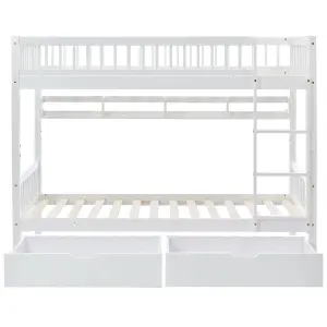 Bunk Bed, 3FT Solid Pine Wood Single Bed Frame for Children, Under Bed Slide Drawer Storage, with Shelf, White (90x190cm)