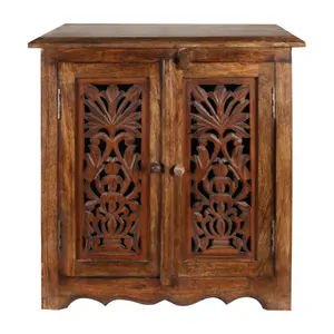 Natural Hand Made Indian Mango Wood Shoe Cupboard Storage Unit Cabinet Light Brown 59 x 36.5 x 61 cm