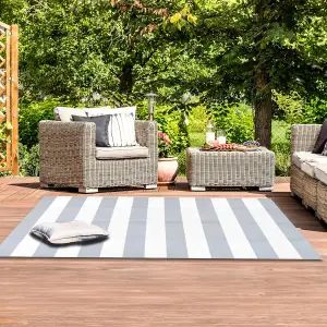 Large Garden Outdoor Rug For Patio, Misty Grey & White Line Waterproof Garden Rug 160 x 230cm