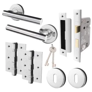 AFIT Polished Chrome Key Lock Door Handle Set Sash Lock (64mm), Hinges & 2 Escutcheons Olvera Range