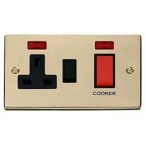 Polished Brass Cooker Control 45A With 13A Switched Plug Socket & 2 Neons - Black Trim - SE Home