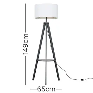 Ismay 149 cm Morrigan Wood Tripod Floor Lamp with Shelf & XL Reni Shade Grey / White / Yes